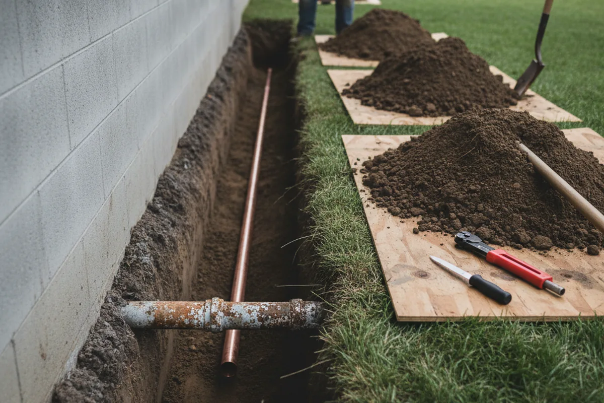 Excavated water line trench during Sewer Line Repair in Thomaston